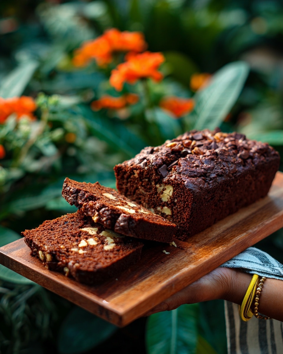 A chocolate loaf cake with a shiny, cracked brown top is shown on a wooden cutting board. The loaf is thick and dense, with two slices cut and placed in front, revealing a moist, dark brown inside filled with small pieces of nuts and chunks of chocolate, creating a textured look. The board is held by a woman's hand resting on a white and beige striped cloth, with green plants and bright orange flowers blurred in the background. The photo taken with an iphone --ar 4:5 --v 7