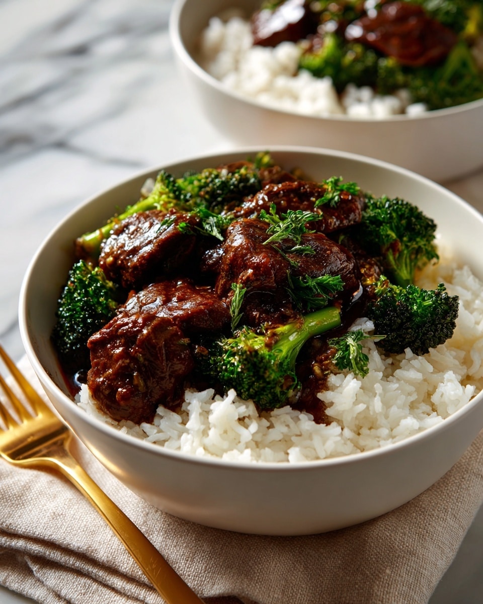 A white bowl holds a base layer of fluffy white rice with a slightly sticky texture. On top, there is a layer of dark brown beef chunks mixed with bright green broccoli florets evenly spread. The beef is shiny with a thick, glossy sauce covering the meat and vegetables, giving a rich and savory look. The bowl sits on a light beige cloth on a white marbled surface, with the background softly blurred focusing on the food photo taken with an iphone --ar 4:5 --v 7