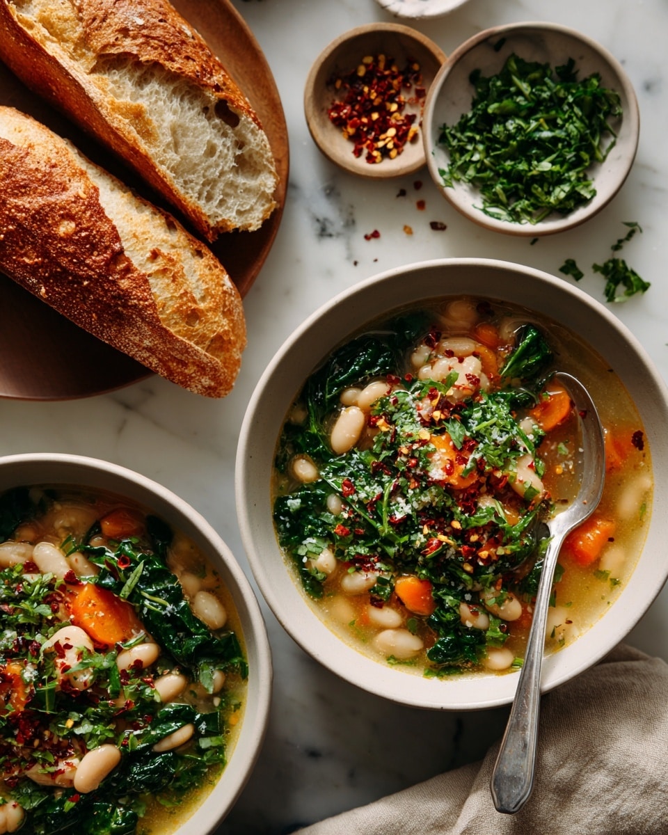 Two white ceramic bowls filled with thick soup made of light beige broth with white beans, bright orange carrot slices, and dark green leafy herbs, topped with red chili flakes scattered across the surface. Each bowl contains a metal spoon resting inside. The bowls are placed on a white marbled surface with finely chopped green herbs scattered around. Near the top right, two small white bowls hold fresh chopped parsley and red chili flakes. Pieces of crusty bread sit on the top left corner, partially visible. A beige cloth napkin is on the right side. Photo taken with an iphone --ar 4:5 --v 7