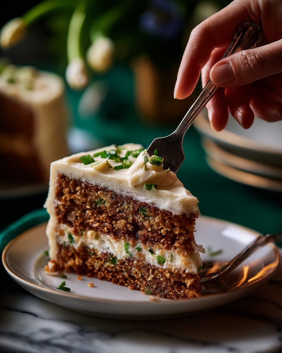 A piece of moist brown cake with small green and white bits inside, topped with thick white frosting that is spread unevenly. A silver fork with engraved text holds the cake from the top, pressing slightly into the frosting. The cake sits on a white plate, placed on a white marbled surface. The background is blurred, focusing attention on the cake and fork in the foreground photo taken with an iphone --ar 4:5 --v 7