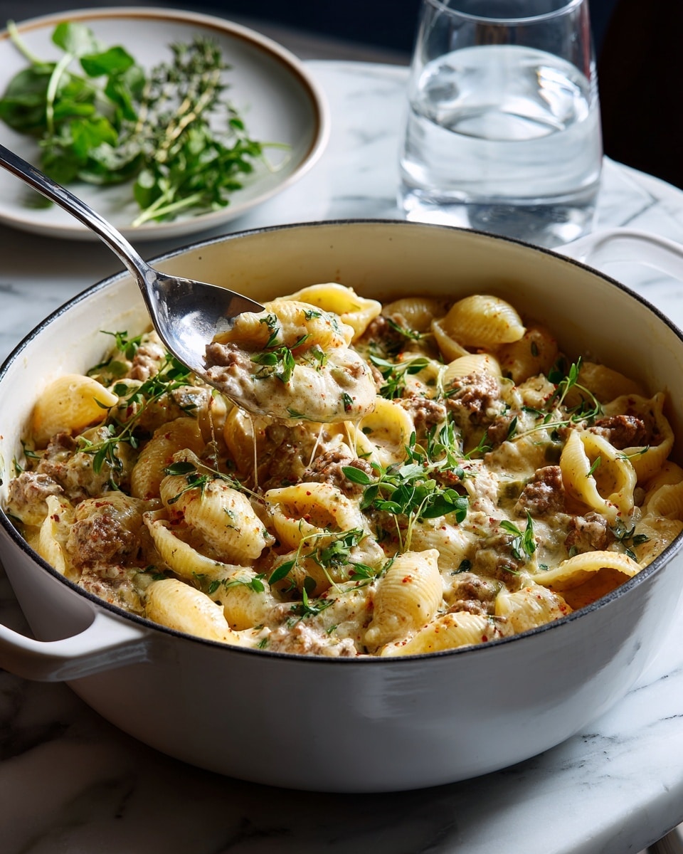 A close-up of a white pot filled with creamy pasta shell shells mixed with small pieces of browned meat in a thick light brown sauce. Fresh green herb sprigs are scattered on top, adding a touch of color. A silver spoon is dipped into the pasta on the right side, and the pot sits on a textured light brown surface with some fresh herbs and a glass of water in the background. photo taken with an iphone --ar 4:5 --v 7