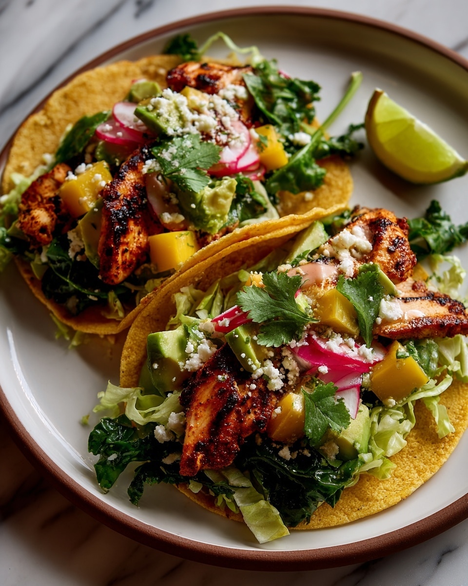 Two grilled chicken tacos sit on a white plate placed on a white marbled surface. Each taco has a soft, lightly charred yellow corn tortilla as the base layer. On top, there is a layer of shredded lettuce, followed by pieces of grilled chicken with a browned, slightly crispy texture. Sliced avocado, thinly sliced pink radishes, and small cubes of bright yellow mango are scattered evenly over the chicken. Crumbled white cheese is sprinkled on top along with small green cilantro leaves. A slice of lime rests on the plate near the tacos. Some pink sauce is visible inside the tortillas near the edges. photo taken with an iphone --ar 4:5 --v 7