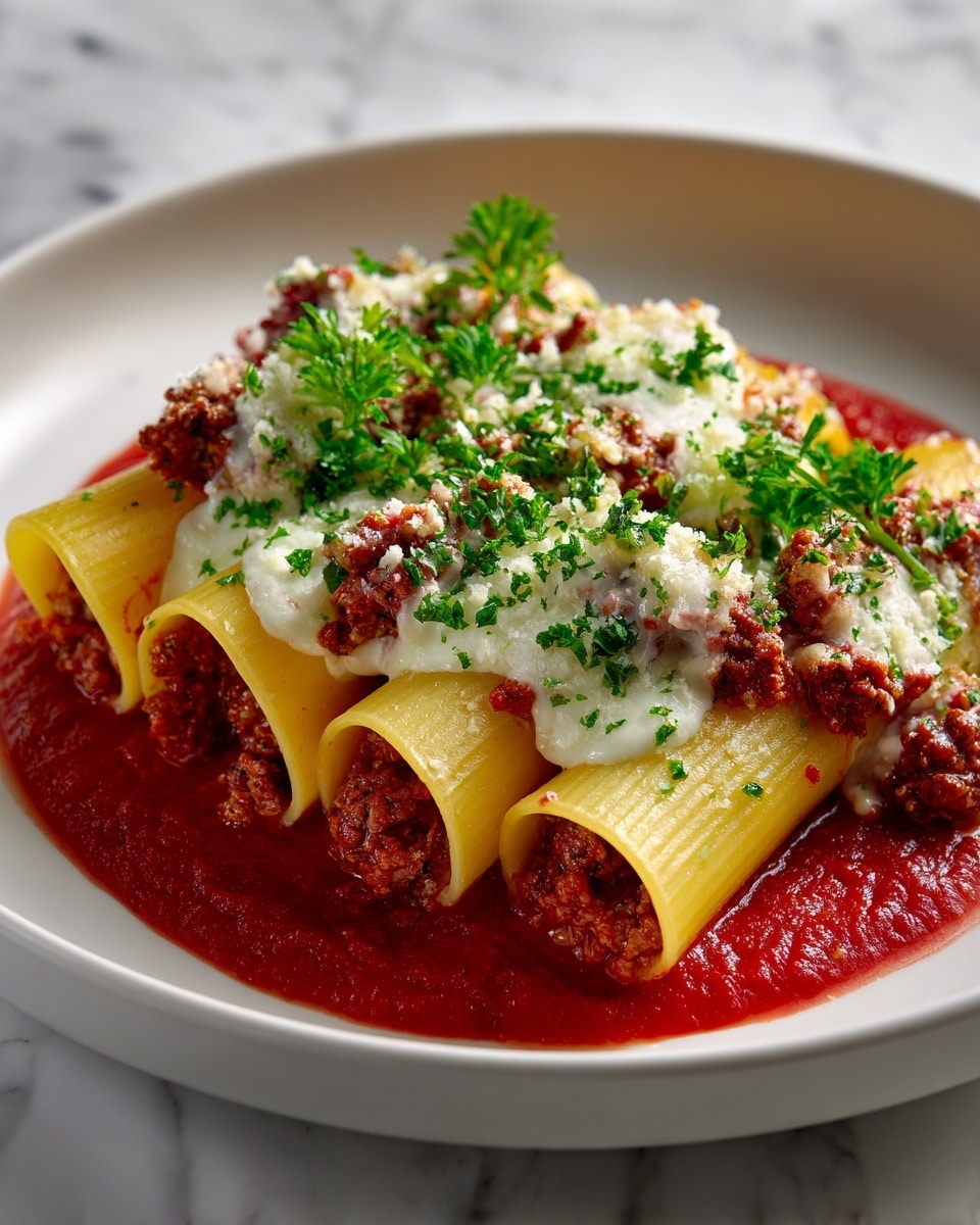 A white plate holds five rolled pasta tubes filled with a rich, brown meat mixture. The tubes are placed side by side, all topped with melted white cheese that lightly blankets their tops and slightly drips down the sides. Bright red tomato sauce pools underneath, contrasting with the pasta's pale yellow color. Small green bits of chopped parsley are scattered on top, adding a touch of freshness. The background is a soft white marbled texture. photo taken with an iphone --ar 4:5 --v 7