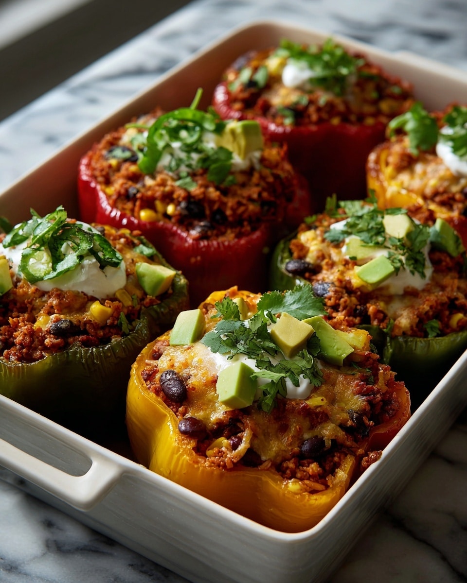 A white rectangular dish holds six colorful stuffed bell peppers in red, green, and yellow. Each pepper is filled with a mix of rice, black beans, and corn, topped with melted yellow cheese that slightly oozes over the edges. On top of some stuffed peppers, there are small dollops of white sour cream, slices of green jalapeño, chopped green cilantro, and diced avocado pieces giving fresh green accents. The dish sits on a white marbled surface, and some extra cilantro bits are scattered around, adding texture and color. photo taken with an iphone --ar 4:5 --v 7