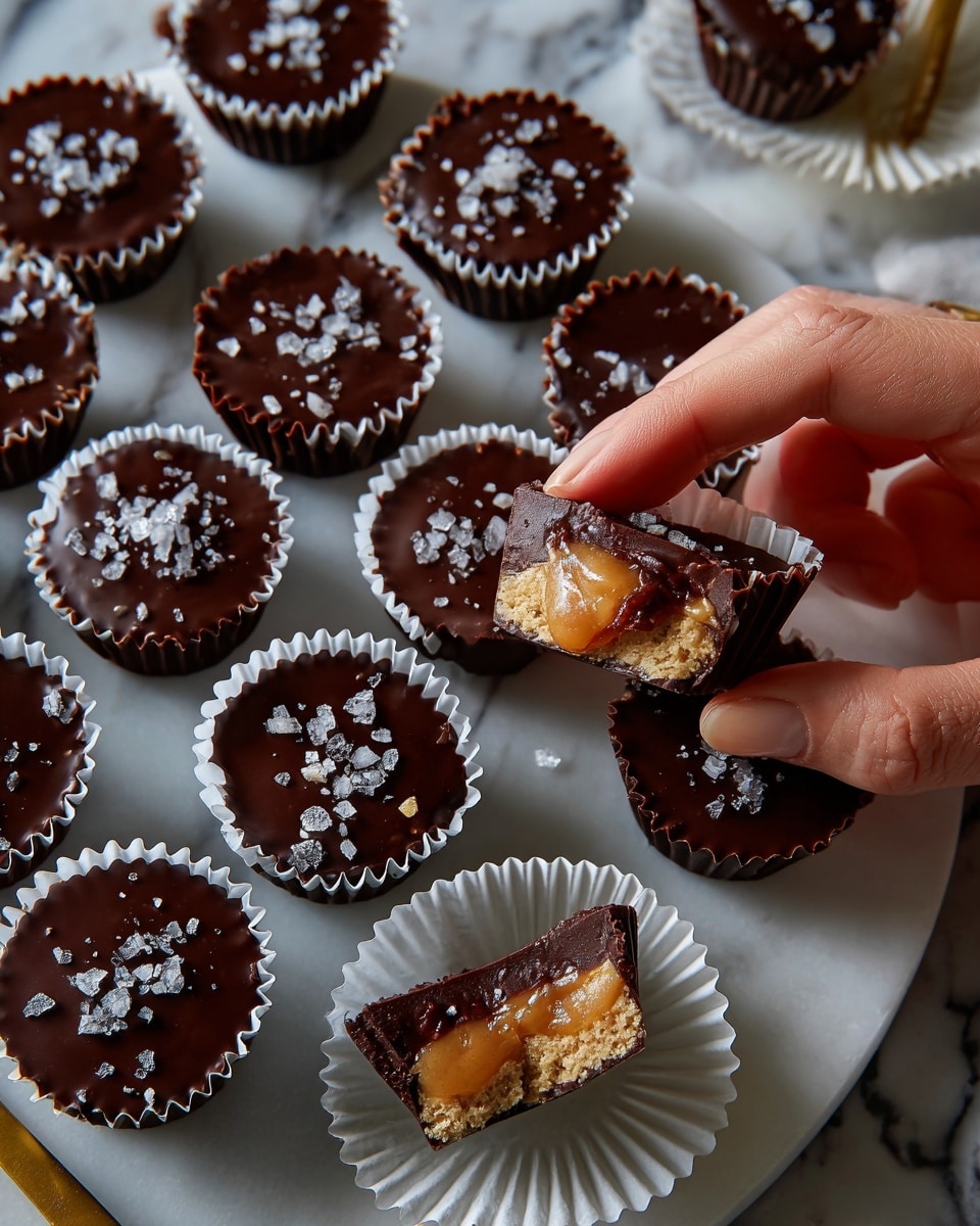 The image shows a group of dark chocolate peanut butter and jelly cups arranged on a white marbled surface. Each cup is held in a small white paper liner, with a smooth, glossy dark chocolate top sprinkled lightly with coarse sea salt. One cup is bitten into, revealing three layers inside: the bottom dark chocolate shell, a thick creamy peanut butter middle layer with a reddish jelly layer peeking through, and a dark chocolate top layer. Two cups are cut in half, clearly showing the dark chocolate outer layer surrounding the peanut butter and jelly filling inside. An empty white paper liner lies nearby. The words