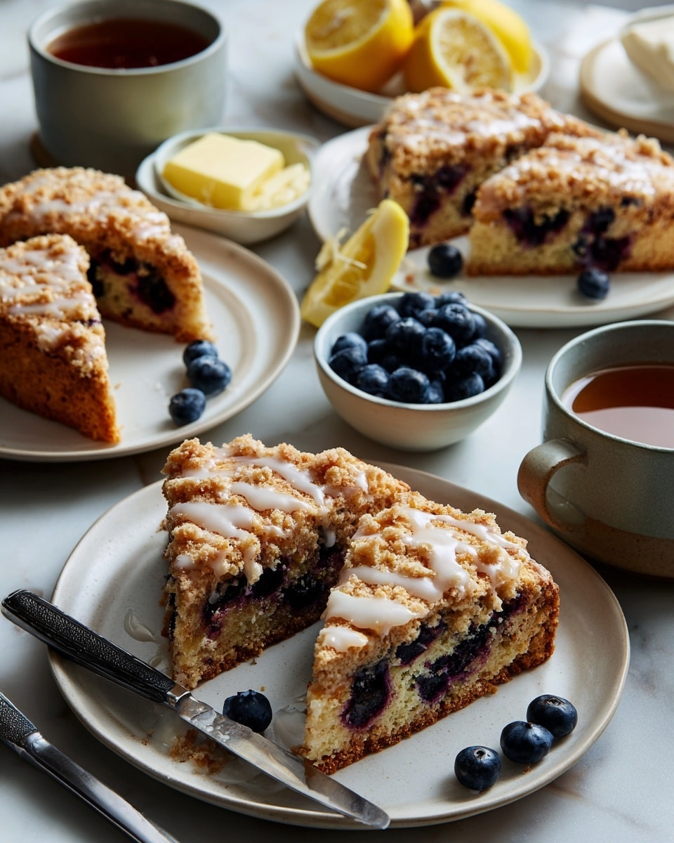 The image shows several slices of a blueberry scone with a golden-brown crumbly top layer that is drizzled with a light glaze. The scone has a dense, slightly crumbly texture with visible juicy blueberries embedded throughout in the middle layer. Each slice is placed on separate small white round plates set on a white marbled surface. Nearby are small bowls – one with pale yellow butter, one with fresh whole blueberries, and one with a spoon sitting in a light cream sauce. A cup of dark tea and a glass of water with lemon wedges complete the scene. One slice is partly spread with butter using a knife resting on the plate. The whole setup has clean, fresh lighting that highlights the textures and colors of the scones and accompaniments. photo taken with an iphone --ar 4:5 --v 7