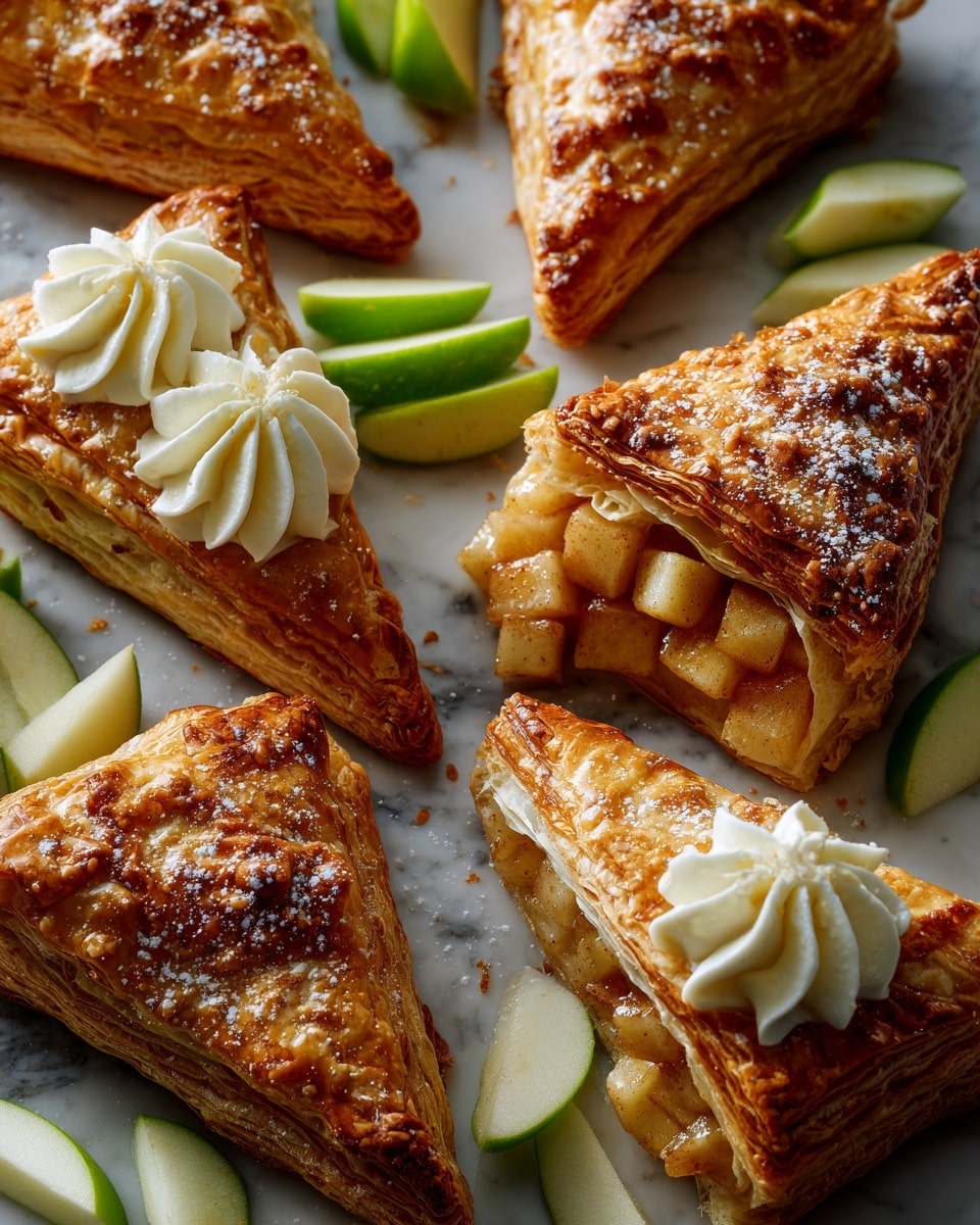 The image shows several golden-brown puff pastry triangles on a white marbled surface. Most pastries are dusted with powdered sugar, creating a light white layer on top. One puff pastry is opened, revealing small chunks of cooked apples inside with a shiny, cinnamon-colored syrup. Another puff pastry has a split layer with white cream piped in thick swirls, standing out against the crispy golden crust. There are fresh green apple slices scattered around, adding a fresh green color contrast to the warm tones of the pastries. Photo taken with an iphone --ar 4:5 --v 7