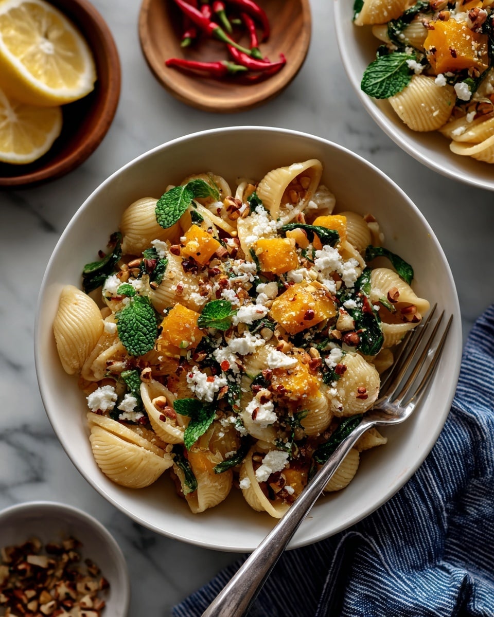 A white bowl filled with three visible layers: the base layer has creamy, light beige shell pasta; on top, chunks of bright orange roasted squash and golden brown hazelnuts spread evenly; scattered throughout are small white bits of cheese and thin slices of red chili pepper. Fresh green mint leaves add a pop of color, resting on the top layer. A silver fork is placed inside the bowl, and the bowl sits on a white marbled surface with a gray cloth partially underneath. Nearby, there is a halved lemon, two whole red chili peppers, a small wooden bowl with more hazelnuts, and another bowl of pasta salad partly visible in the corner. Photo taken with an iphone --ar 4:5 --v 7