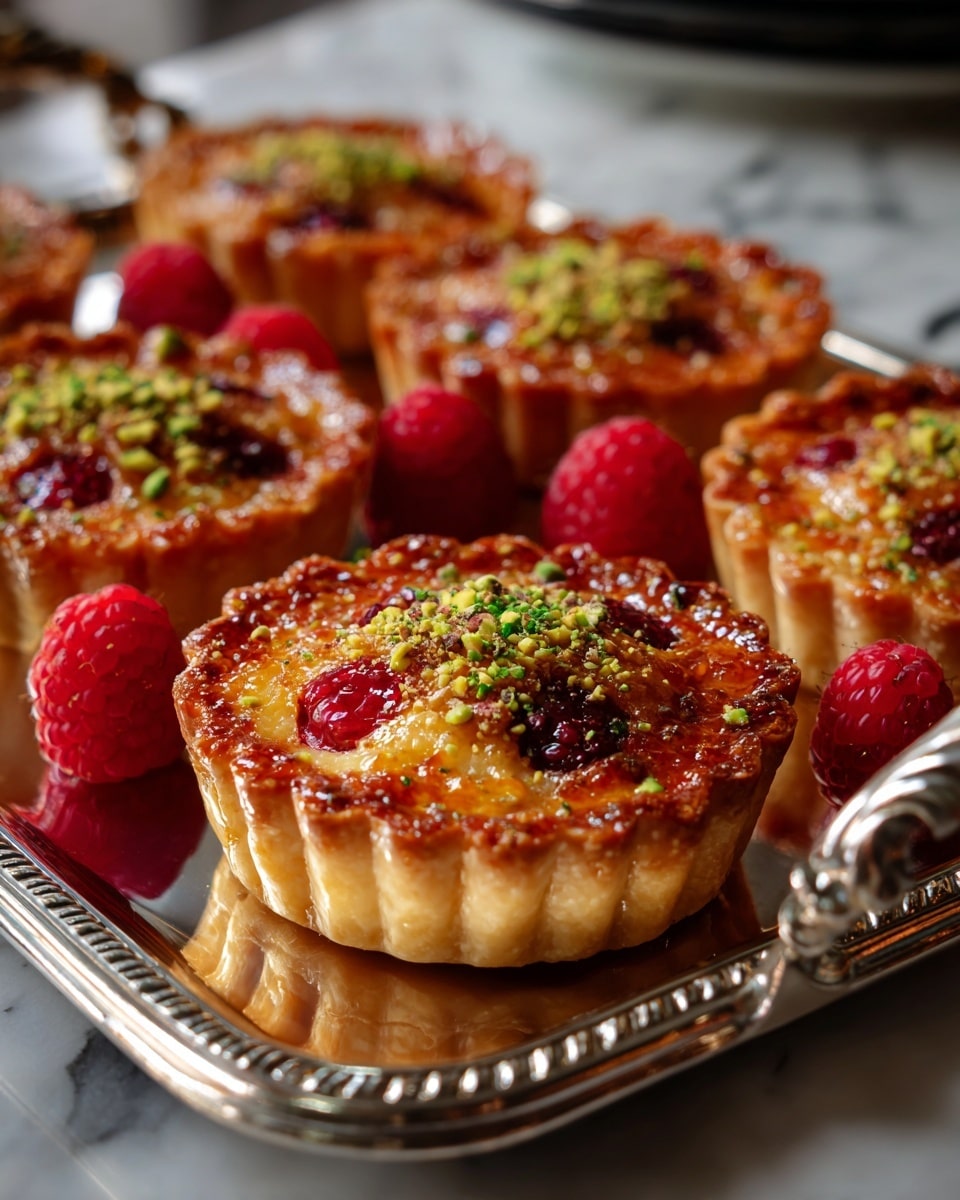 The image shows several small round tarts with scalloped edges, each tart topped with bright red raspberries embedded in a golden-brown crust. The tops of the tarts are shiny and sprinkled with finely chopped pistachios, adding a light green contrast. The tarts are arranged on an ornate silver tray placed on a white marbled surface, with a few loose raspberries scattered around the tray. The color contrast between the rich golden crust, red raspberries, and light green pistachios creates a striking and appetizing look. Photo taken with an iphone --ar 4:5 --v 7