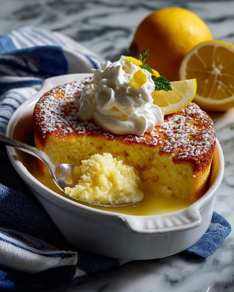 The image shows a white oval baking dish filled with a dessert that has two clear layers: the top layer is a light golden-brown fluffy cake dusted with powdered sugar, while the bottom layer is a smooth, pale yellow lemon sauce. A spoon is scooping some of the lemon sauce and cake from the dish, resting inside the sauce layer. On top of the cake layer, there is a dollop of whipped cream with a small lemon wedge placed on it. The baking dish is set on a blue and white striped cloth on a white marbled surface. To the side, there is a white plate holding a piece of the dessert, and two whole lemons, one cut in half, are visible in the background. photo taken with an iphone --ar 4:5 --v 7