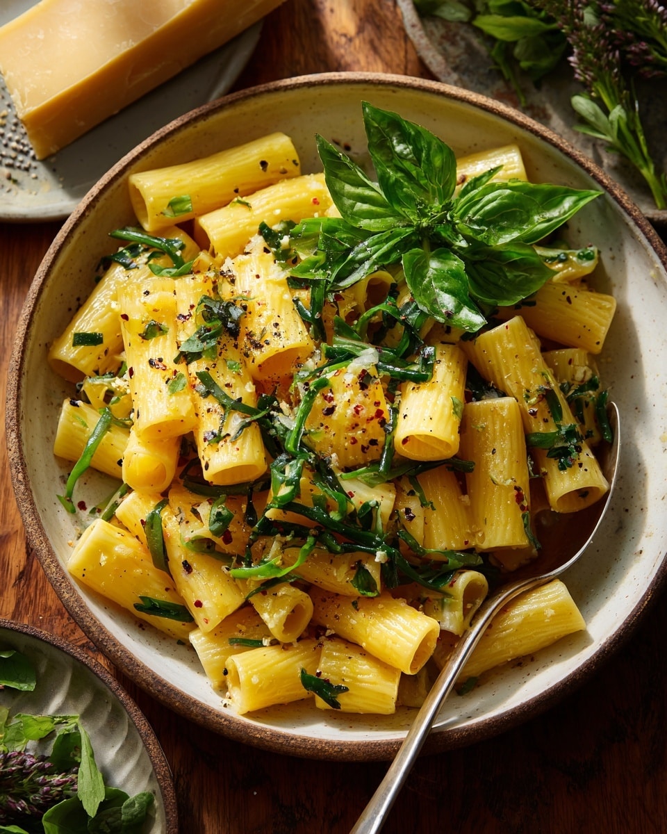 The image shows a close-up of a single layer of rigatoni pasta with a pale yellow color, mixed with finely chopped green herbs and zucchini shreds, all coated in a light cream sauce. The pasta is placed in a rustic, white bowl with a metal spoon partially under the pasta on the right side. A fresh sprig of basil with bright green leaves sits on top at the center, adding a pop of vibrant color. The background is a white marbled texture, with a block of cheese and some greenery blurred in the upper left corner and a glass of water visible in the upper right. photo taken with an iphone --ar 4:5 --v 7