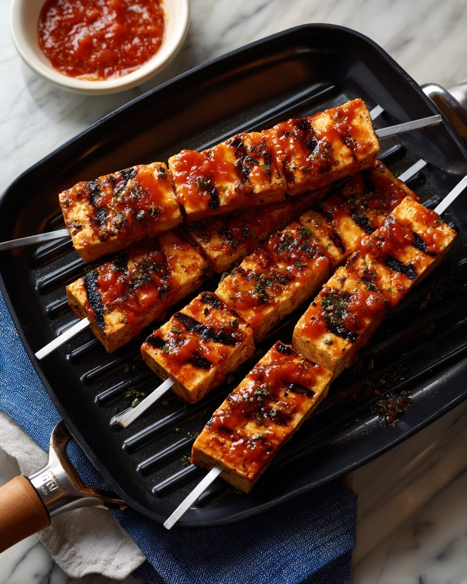 The image shows several skewers with tofu cubes arranged in three layers. The bottom layer has plain white tofu cubes, the middle layer shows tofu cubes being brushed with a thick reddish-brown sauce using a woman's hand holding a brush, and the top layer consists of tofu cubes fully coated with the sauce, giving them a glossy reddish-orange look. To the left of the skewers is a small white bowl filled with the same sauce. The skewers and bowl sit on a white marbled surface. The photo taken with an iphone --ar 4:5 --v 7