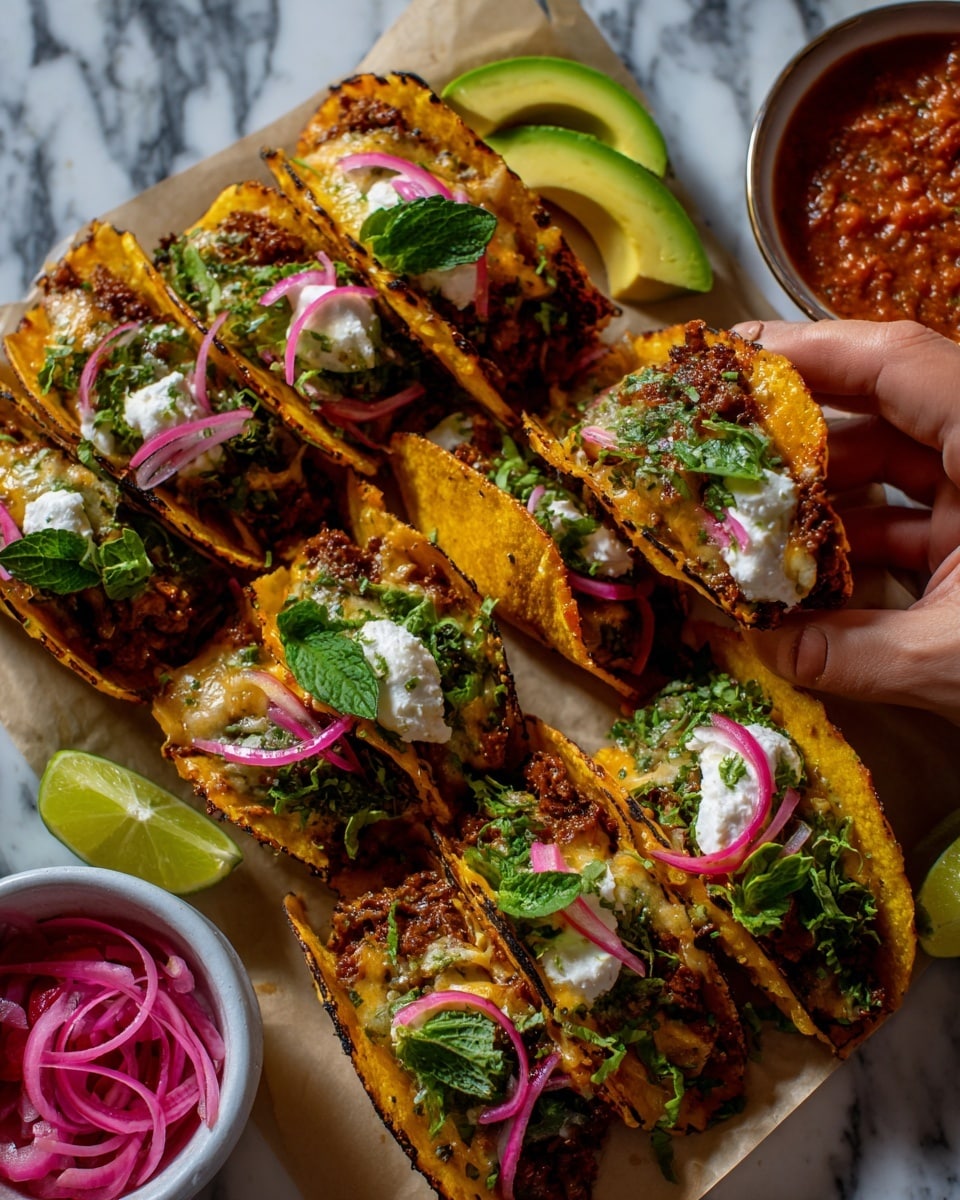 The image shows six folded tacos placed on brown parchment paper on a table with a white marbled texture background. Each taco has a crispy golden-yellow tortilla shell that is slightly charred on edges. Inside, there is a rich dark brown filling mixed with melted cheese and finely chopped green herbs. On top of some tacos, there are thin purple pickled onion slices, fresh green cilantro leaves, and small dollops of white sour cream. One taco is topped with neatly sliced, light green avocado pieces. Around the tacos, there are several bright green lime wedges and sprigs of cilantro scattered. To the side, there is a white bowl with sliced pickled purple onions soaking in liquid and a small white bowl with red salsa sauce. Photo taken with an iphone --ar 4:5 --v 7
