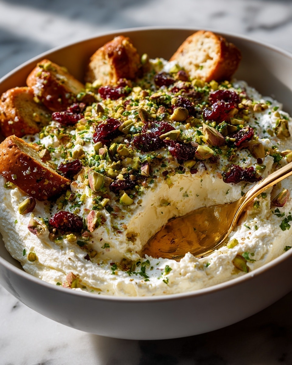 A green ceramic dish shaped like a Christmas tree with a shiny red bow at the top holds a large pile of brown and green pistachio nuts filling almost the whole dish. On top of the nuts, there is a round white cheese package with the word
