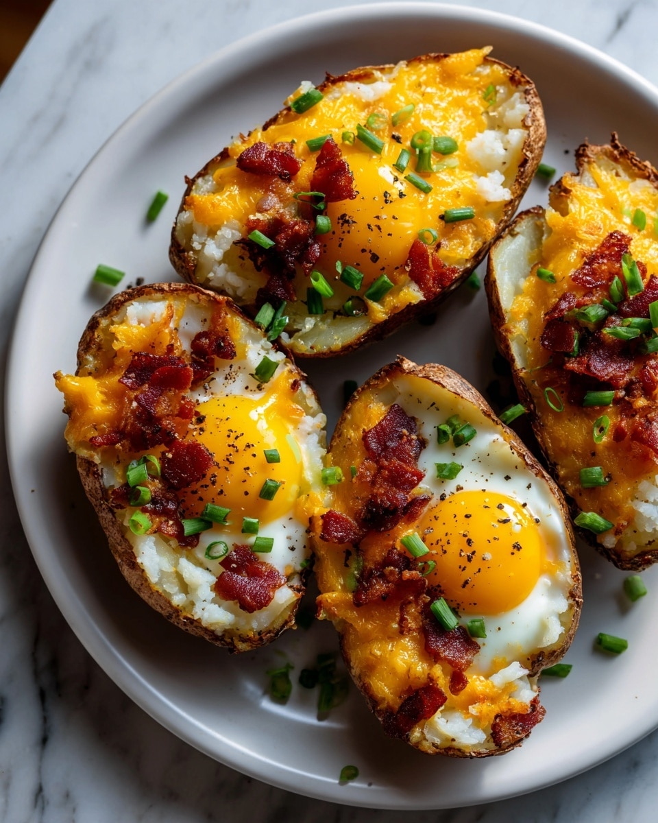 The image shows four potato halves on a white rectangular tray with rounded edges. Each potato has a crispy brown skin base holding soft, light yellow mashed potato inside. On top of the mashed potato, there is a layer of bright orange melted cheddar cheese, with some bits of crispy red-brown bacon scattered over. Two of the potatoes have sunny yellow cooked eggs with runny yolks in the center, sprinkled with black pepper. Small pieces of fresh green chopped scallions are spread on the potatoes, adding a fresh color contrast. The tray is placed on a light-colored cloth on a wooden surface, with a blurred background. Photo taken with an iphone --ar 4:5 --v 7