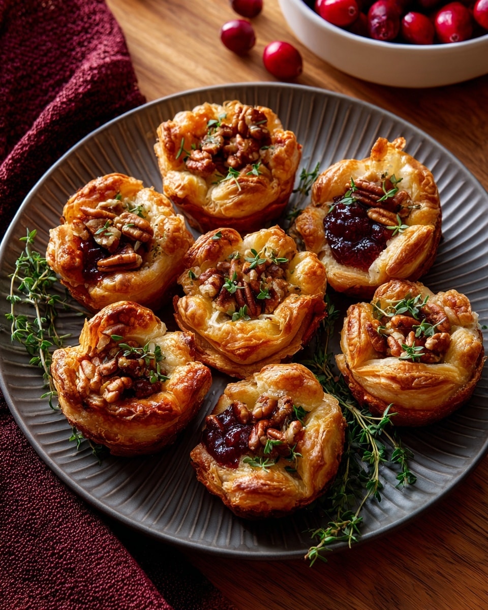 The image shows small round pastries with layers of golden, flaky crust on the outside, folded up around the edges to form little cups. Inside each pastry cup, there is a bright red berry filling with a shiny texture, topped with whole brown pecans. Some small green herb leaves are scattered on top for decoration. The pastries are placed on a white plate with thin raised ridges, set against a white marbled surface. The close-up view highlights the crispy texture of the crust and the juicy, vibrant filling, making the pastries look fresh and tempting. photo taken with an iphone --ar 4:5 --v 7