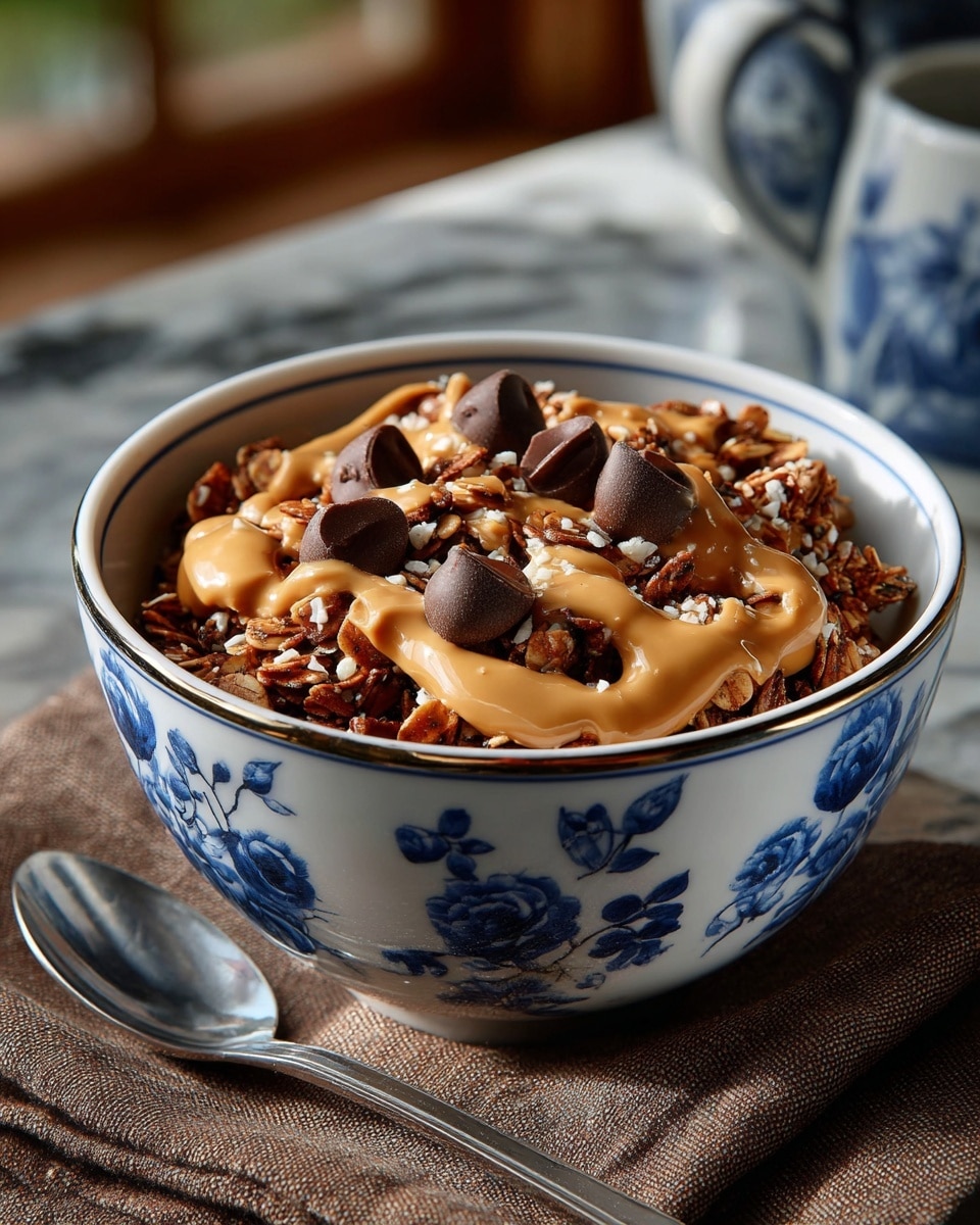 A close-up of a white bowl with blue floral patterns filled with dark brown granola clusters, layered thickly. On top, a smooth light brown sauce is drizzled over the granola in wide, uneven lines. Scattered on the top layer are several dark chocolate chips, some in focus and some slightly blurred. The bowl sits on a rough beige woven surface, and the background shows a blurry hint of a turquoise container. The image is bright and colorful with a clean, inviting look. Photo taken with an iphone --ar 4:5 --v 7