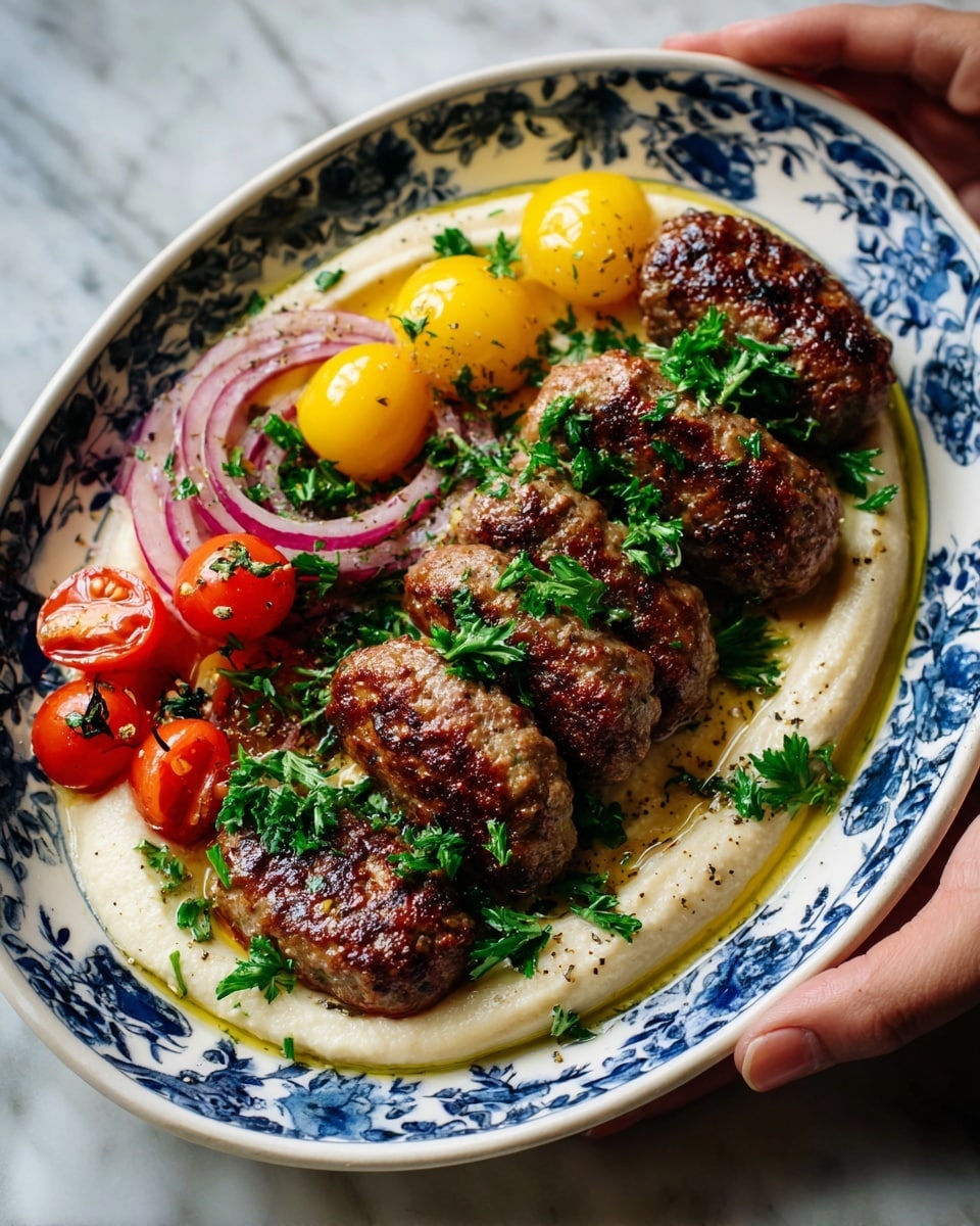 The dish features six oval-shaped grilled patties with a charred brown and slightly green herb-speckled surface, arranged evenly across a white plate with blue floral patterns on the edges. On one side of the plate, there is a smooth, creamy light beige hummus spread in a thick layer with a small drizzle of golden olive oil and a sprinkle of black pepper. Next to the hummus are bright red cherry tomato halves, some whole and some sliced, paired with thin slices of purple onion scattered on top and around them. Fresh bright green parsley leaves are scattered across the entire plate, adding a pop of color. Two yellow lemon wedges with a rough texture are placed on the edge of the plate. The whole plate rests on a white marbled surface, and a wooden spatula is partially visible on one side. The photo taken with an iphone --ar 4:5 --v 7