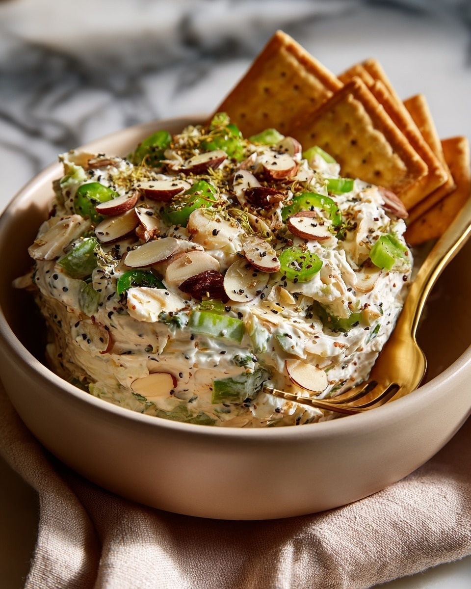 A bowl filled with a creamy salad showing layers of white chicken mixed with green celery pieces and dark dried fruit, topped with sliced almonds and green jalapeño slices evenly spread on top. On one side of the bowl, there are several large, light beige crackers stacked and leaning against the salad. A gold fork is placed inside the bowl, holding some salad, pointing diagonally upward. The bowl is set on a light beige cloth with folds, all placed on a white marbled surface, and there are a few additional jalapeño slices scattered near the bowl. photo taken with an iphone --ar 4:5 --v 7