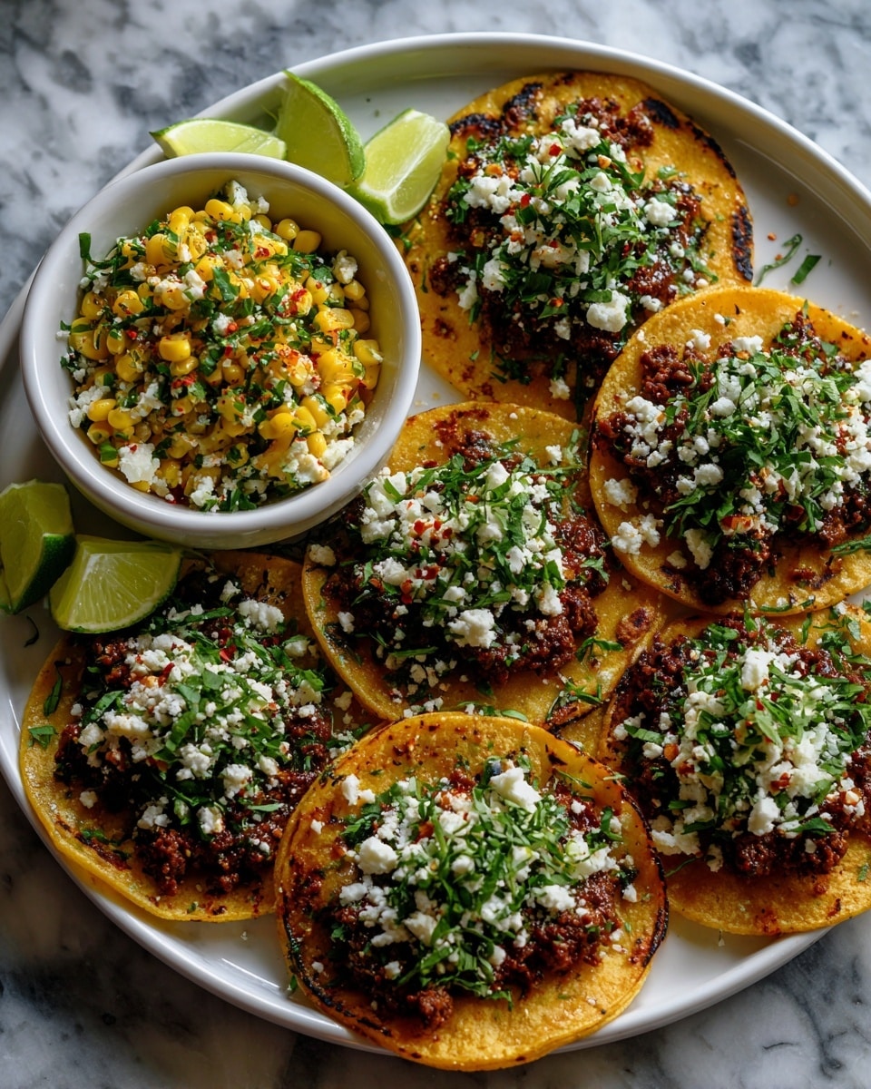 The image shows a white plate with five charred, folded corn tortillas arranged in a line. Each tortilla has two layers of filling: a bottom layer of brown ground meat and a top layer of a creamy corn salad with yellow corn kernels, green chopped herbs, and white cheese crumbles sprinkled with red chili powder. To the right of the plate, there is a small white bowl filled with the same corn salad and garnished with fresh green herbs, next to three lime wedges that are light green with a slightly darker rind. The plate sits on a white marbled surface with some scattered chili flakes around it photo taken with an iphone --ar 4:5 --v 7