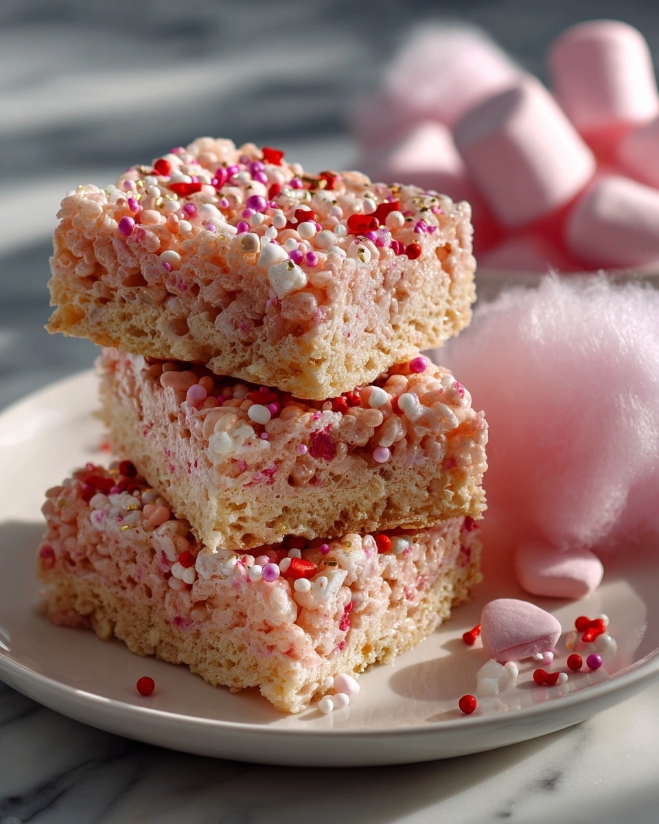 The image shows a stack of two pink rice crispy treats on a white plate, each square having a textured surface covered with white, pink, and red sprinkles in small round and long shapes. To the right of the plate, there is a fluffy pile of pink cotton candy resting on a white marbled surface, creating a soft and sweet atmosphere. photo taken with an iphone --ar 4:5 --v 7