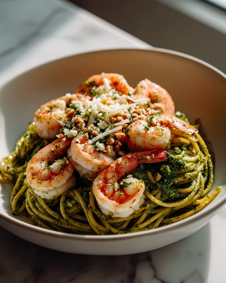 A white bowl filled with a nest of thick linguine pasta coated in green pesto sauce, with visible small nut pieces scattered on top. Around and within the pasta, several pink and white shrimp sit, some partially covered by the noodles. Light shreds of white cheese are sprinkled over the dish, adding contrast to the green and pink colors. The bowl is placed on a white marbled surface, and the overall look is fresh and vibrant. photo taken with an iphone --ar 4:5 --v 7