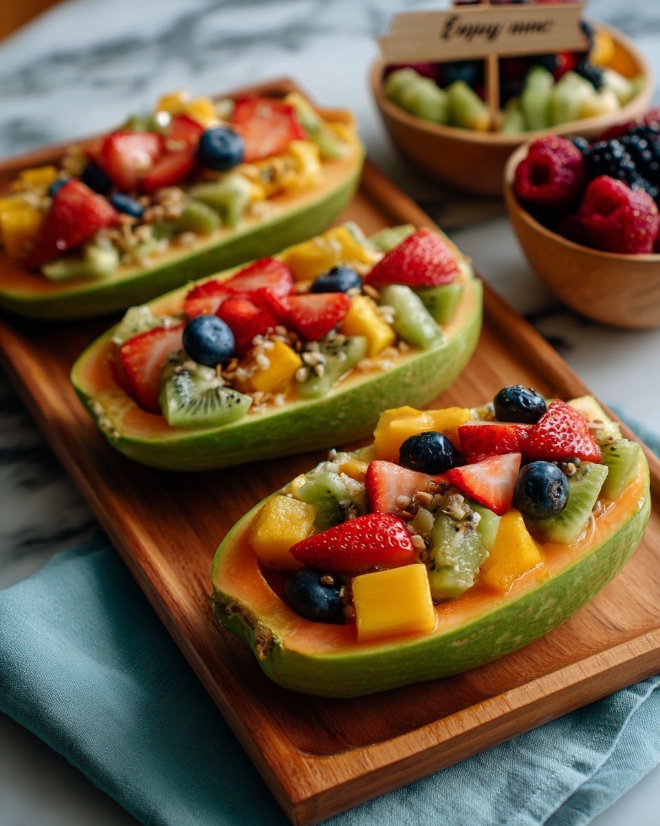 The image shows four green papaya halves hollowed out and filled with colorful fruit layers. Each papaya half is filled with a smooth pink layer of papaya flesh, topped with small cuts of bright red strawberries, orange mango pieces, green kiwi slices, deep blue blueberries, red raspberries, and a few white almond slices sprinkled on the top. One papaya half in the front has a wooden stick with