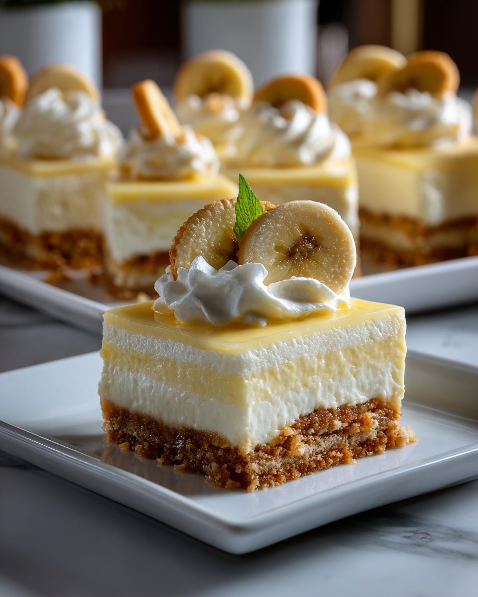 A close-up of a square slice of banana pudding dessert on a small white plate, showing four visible layers: a golden brown crumbly crust at the bottom, a smooth yellow pudding layer above it, a thicker white whipped cream layer on top, and a thin round banana slice standing vertically placed with another thin round biscuit behind it as a garnish on top. In the background, more slices of the same dessert are arranged on a white rectangular plate on a white marbled surface, with a soft focus on them. Photo taken with an iphone --ar 4:5 --v 7