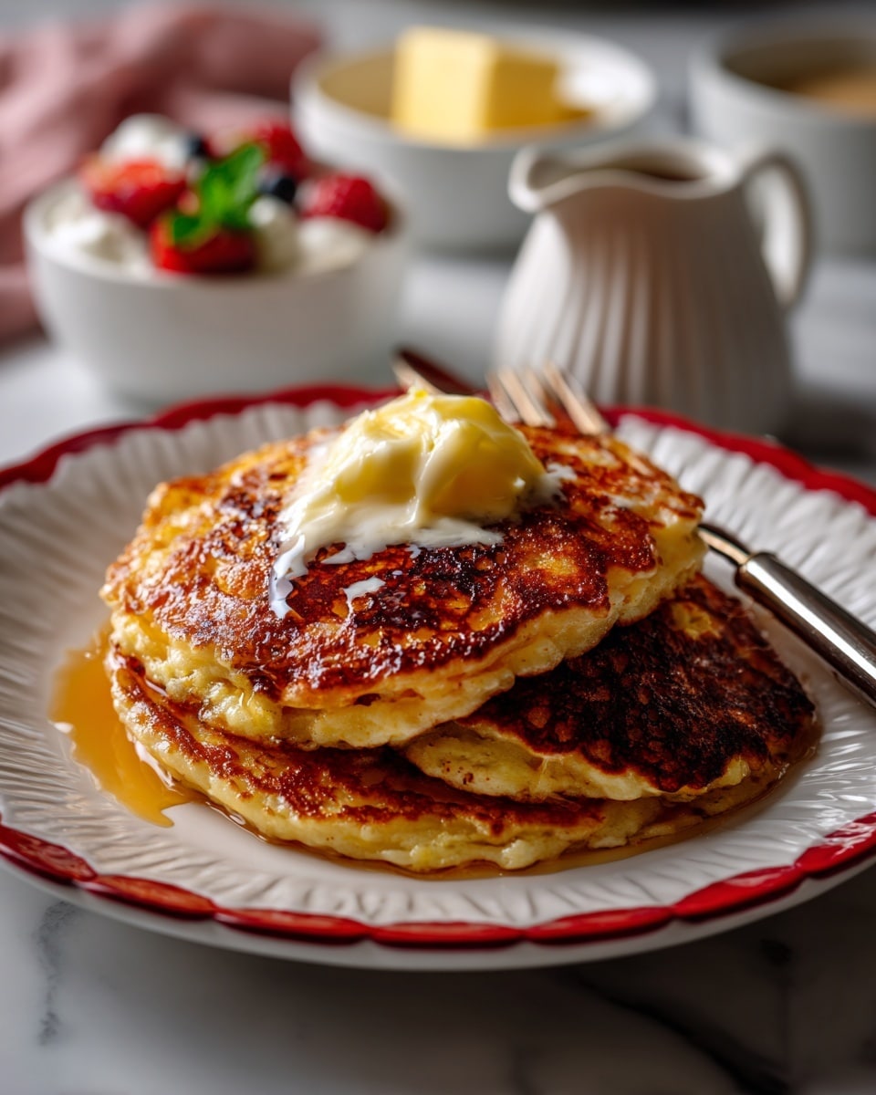 A stack of two thick pancakes sits at the center of a white plate with red petal-like patterns around the edge. The top pancake is golden brown with a smooth texture and has a small round dollop of yellow butter on it. The bottom pancake is darker, almost burnt with a rough texture. The plate is placed on a white marbled surface, with small bowls of red strawberry topping and yellow pineapple chunks blurred in the background. A knife with butter on a paper rests nearby, along with a white cloth with green stripes on the side. photo taken with an iphone --ar 4:5 --v 7