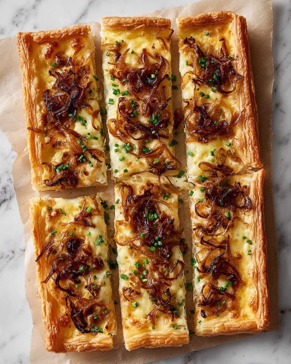 The image shows a rectangular flat pastry cut into six pieces on parchment paper over a white marbled surface. The base layer is golden brown and flaky crust, topped with a creamy yellow cheese layer that covers the whole pastry evenly. Scattered across the top are thin, caramelized onion strips that are dark brown in some places and lighter in others, adding texture and contrast. Small green chive pieces are sprinkled sparsely on top, giving little pops of color. The pastry edges are crisp and browned, showing a nice puffed crust. Photo taken with an iphone --ar 4:5 --v 7
