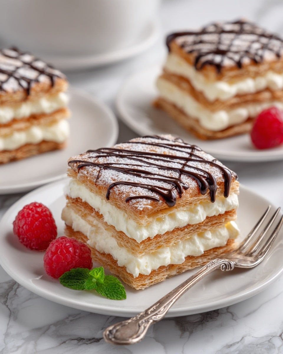 A close-up of a three-layered pastry with a visible flaky golden-brown crust on each layer, filled generously with smooth, light cream filling between each crust layer. The top crust is covered with a shiny white icing decorated with a neat chocolate-striped pattern. The dessert sits on a white plate with two fresh red raspberries and a small green mint leaf placed on the side. In the blurred background, there are more pieces of the same pastry, also layered and creamy, on the white marbled surface. A vintage fork lies next to the pastry on the plate. Photo taken with an iphone --ar 4:5 --v 7