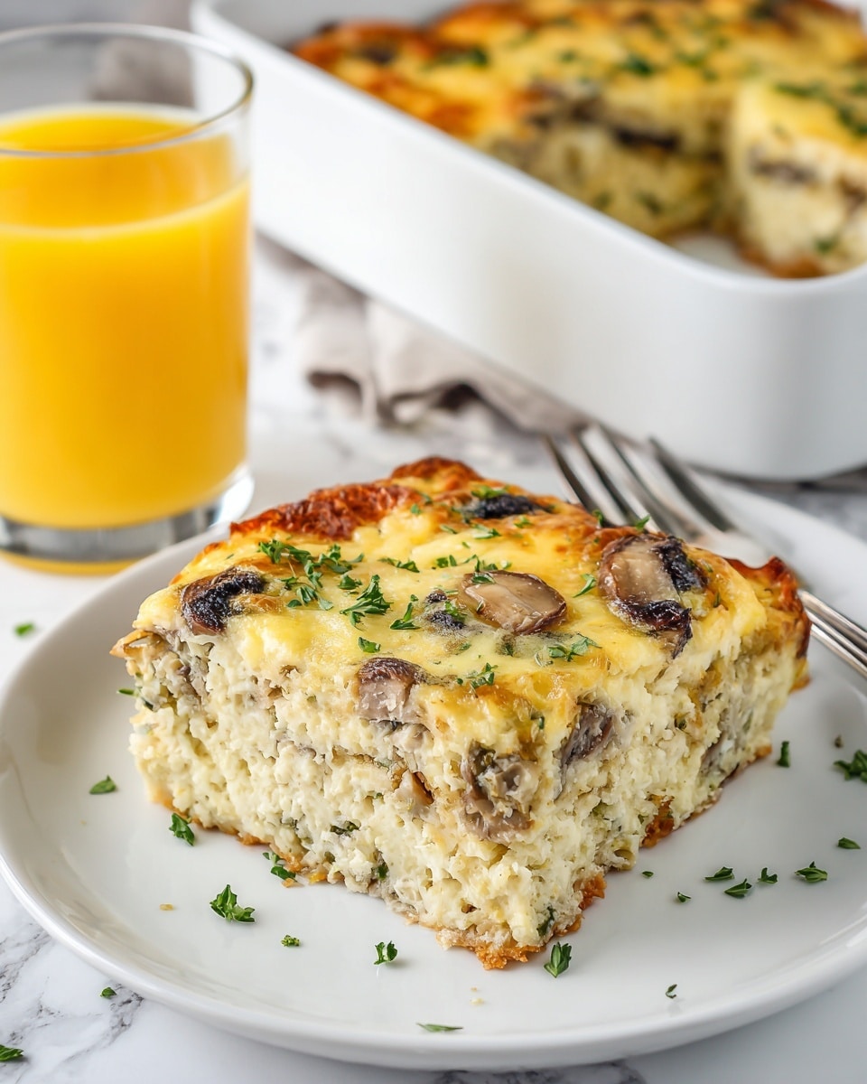 The image shows two thick slices of a savory egg casserole on a white plate, with a texture full of mixed ingredients like herbs and bits of vegetables, mostly light yellow with green and light brown specks throughout; one piece is upright showing the soft, spongy inside, while the other lies flat in front. Behind the plate, there is a clear glass cup of bright yellow-orange juice with a golden base, and a white casserole dish with the rest of the egg bake inside, slightly browned on top. The scene sits on a white marbled surface with a beige cloth underneath the casserole dish. The lighting is soft and natural, highlighting the texture and moistness of the casserole. Photo taken with an iphone --ar 4:5 --v 7