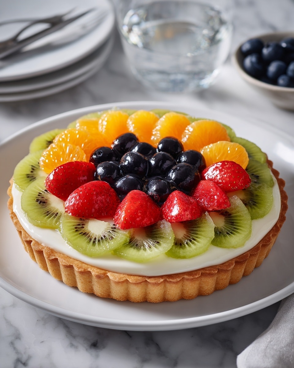 A fruit tart on a white plate sits on a white marbled surface. The tart has four visible layers: the bottom layer is a golden-brown crust with a scalloped edge; above is a smooth, white cream layer; on top of the cream are slices of green kiwi, arranged in a circle around the edge; inside the kiwi ring is a layer of small orange segments forming a second circle; in the center, a cluster of red strawberry slices topped with a mix of whole blueberries and raspberries forms a colorful focal point. A glass of clear sparkling water is nearby, along with some scattered strawberries and a bowl of blueberries. Photo taken with an iphone --ar 4:5 --v 7