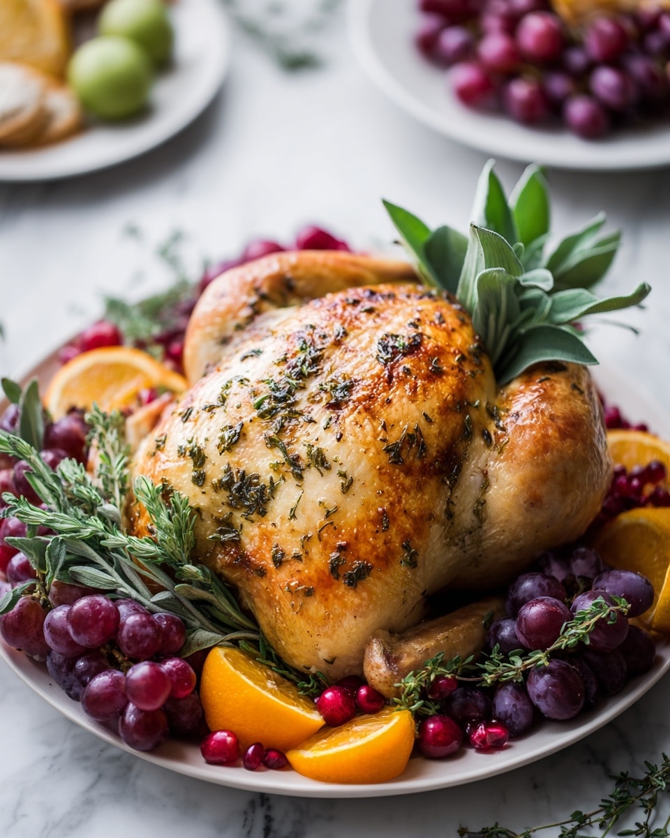 A whole raw turkey with pale skin lies in a dark gray baking pan in the lower left corner on a white marbled surface. To its left, a small round white bowl holds chopped celery, carrots, and onion pieces in green, orange, and white colors. Above the bowl, three fresh green herb sprigs—thyme, sage, and rosemary—are arranged loosely. To the upper right of the herbs, five small white bowls with brown rims are arranged in an arch with fine powders: brown sugar (light brown), garlic powder (off-white), onion powder (white), kosher salt with ground black pepper (white and black), and paprika (reddish-brown). Below these bowls, another small white bowl contains finely chopped green herbs. Next to it, a wrapped stick of unsalted butter is placed horizontally, and to its right, two lemon halves with bright yellow insides rest on the surface. At the bottom right, a white measuring cup filled with light brown turkey or chicken stock is set next to the butter and lemon halves. Photo taken with an iphone --ar 4:5 --v 7