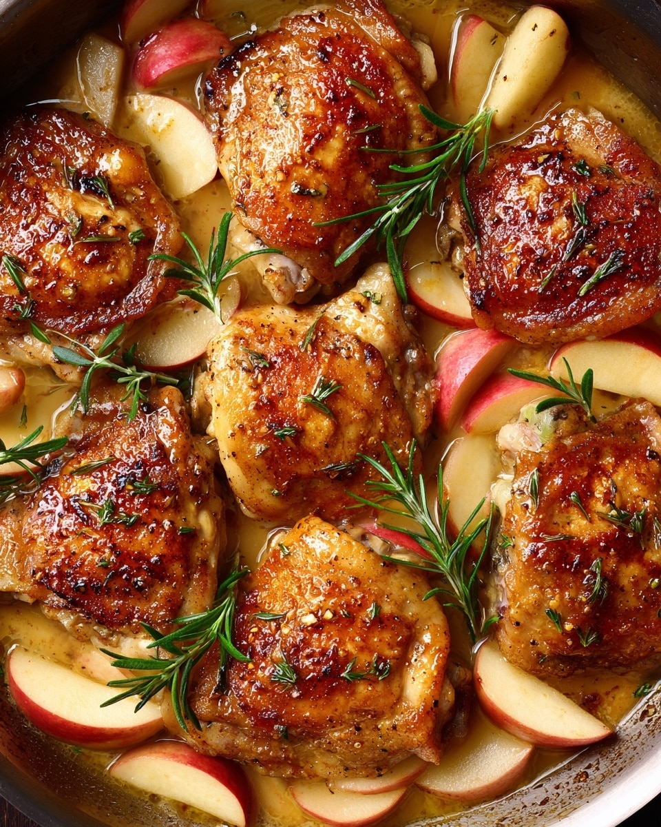 A white plate holds a pile of raw chicken thighs with pale pink and slightly shiny skin and some fat visible, taking center focus. To the top left of the plate, there is a medium brown shallot with a smooth dry texture. Above the plate on the right side, a red apple with smooth, glossy skin sits next to a green apple with similar shiny texture. Near the chicken thighs on the right side, fresh rosemary and thyme sprigs with green needle-like leaves are placed. Small transparent glass bowls around the plate hold white salt and black pepper grains, light brown dried thyme, pale brown ground coriander, and a mix of reddish cinnamon and nutmeg powder. Below the chicken plate, a small transparent bowl contains pale yellow butter cubes. Next to it, another small bowl has dark brown sugar. On the bottom right, a clear Pyrex measuring cup filled with amber apple cider is visible. The background is a white marbled surface. photo taken with an iphone --ar 4:5 --v 7