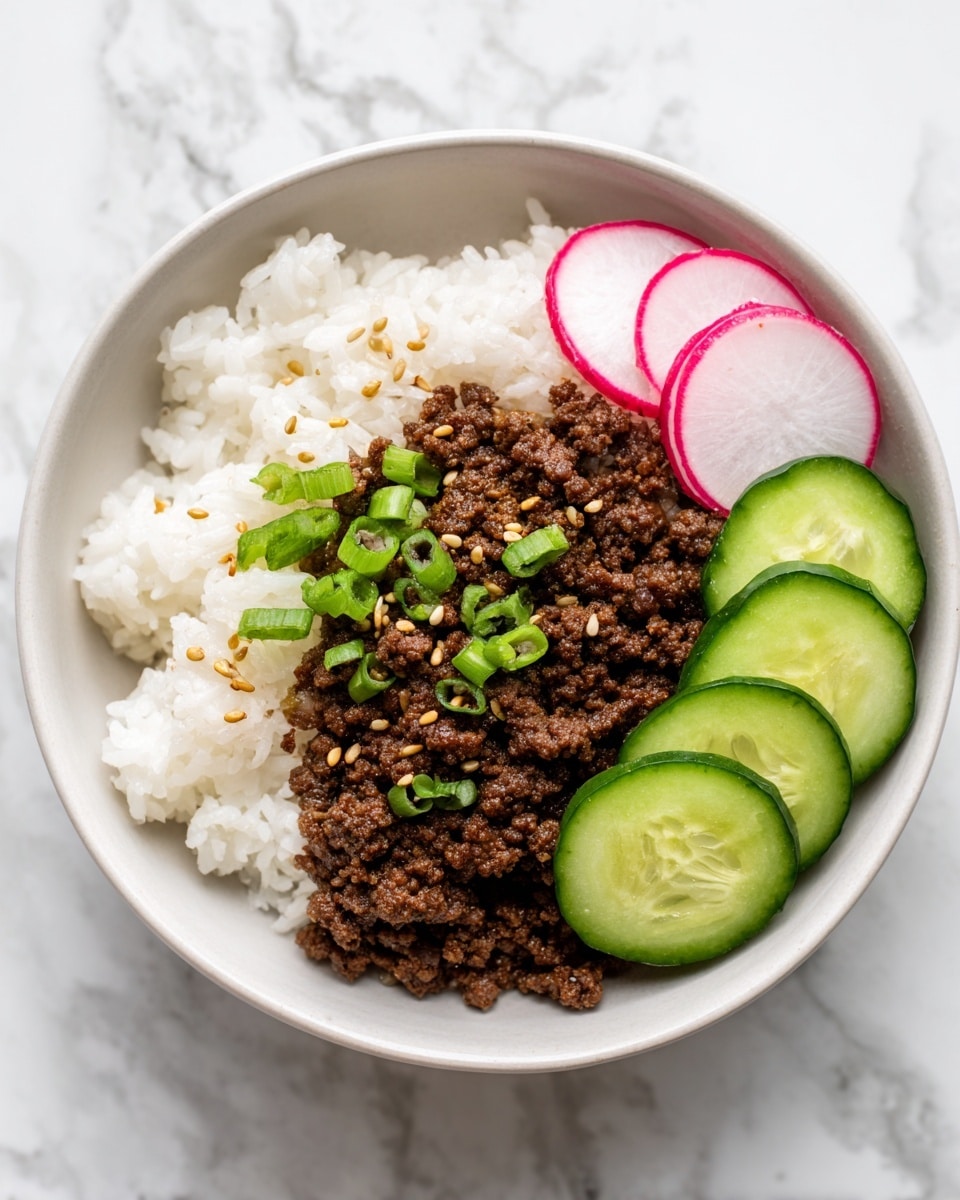 A white bowl filled with three main layers: the bottom layer is white sticky rice with a soft and fluffy texture, the middle layer is dark brown cooked ground meat with a slightly crispy and crumbly look, and the top layer is garnished with small green chopped spring onions and light brown sesame seeds scattered over the meat. On one side of the bowl, there are thinly sliced green cucumber pieces with a smooth texture and several thin pink-rimmed white radish slices. The bowl is placed on a white marbled surface. photo taken with an iphone --ar 4:5 --v 7