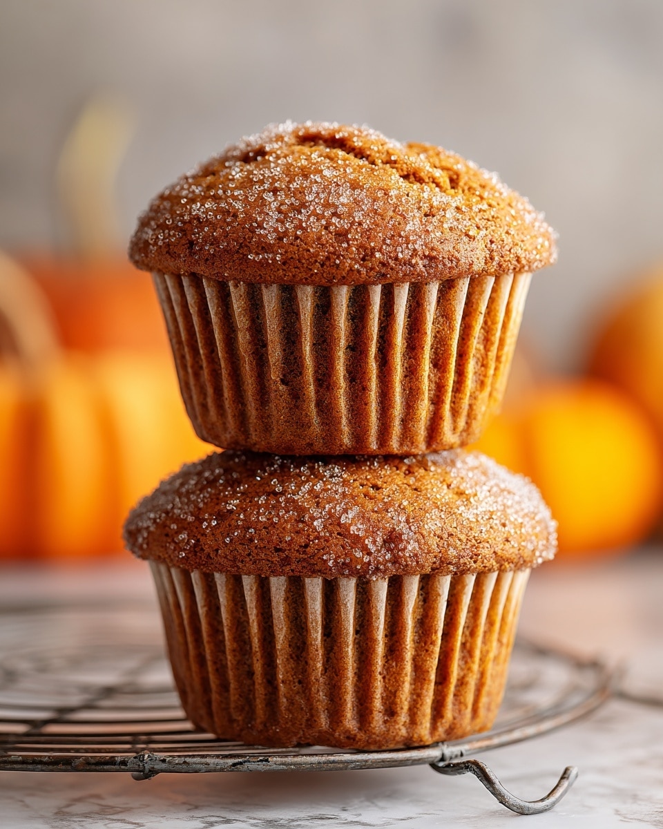 Two brown muffins stacked on top of each other, each wrapped in light brown cupcake liners with vertical ridges. The muffins have a soft texture with sugar crystals sprinkled on their rounded tops, giving a shiny, slightly rough surface. The background has blurred orange and red shapes with small pumpkins, placed on a white marbled surface. Photo taken with an iphone --ar 4:5 --v 7