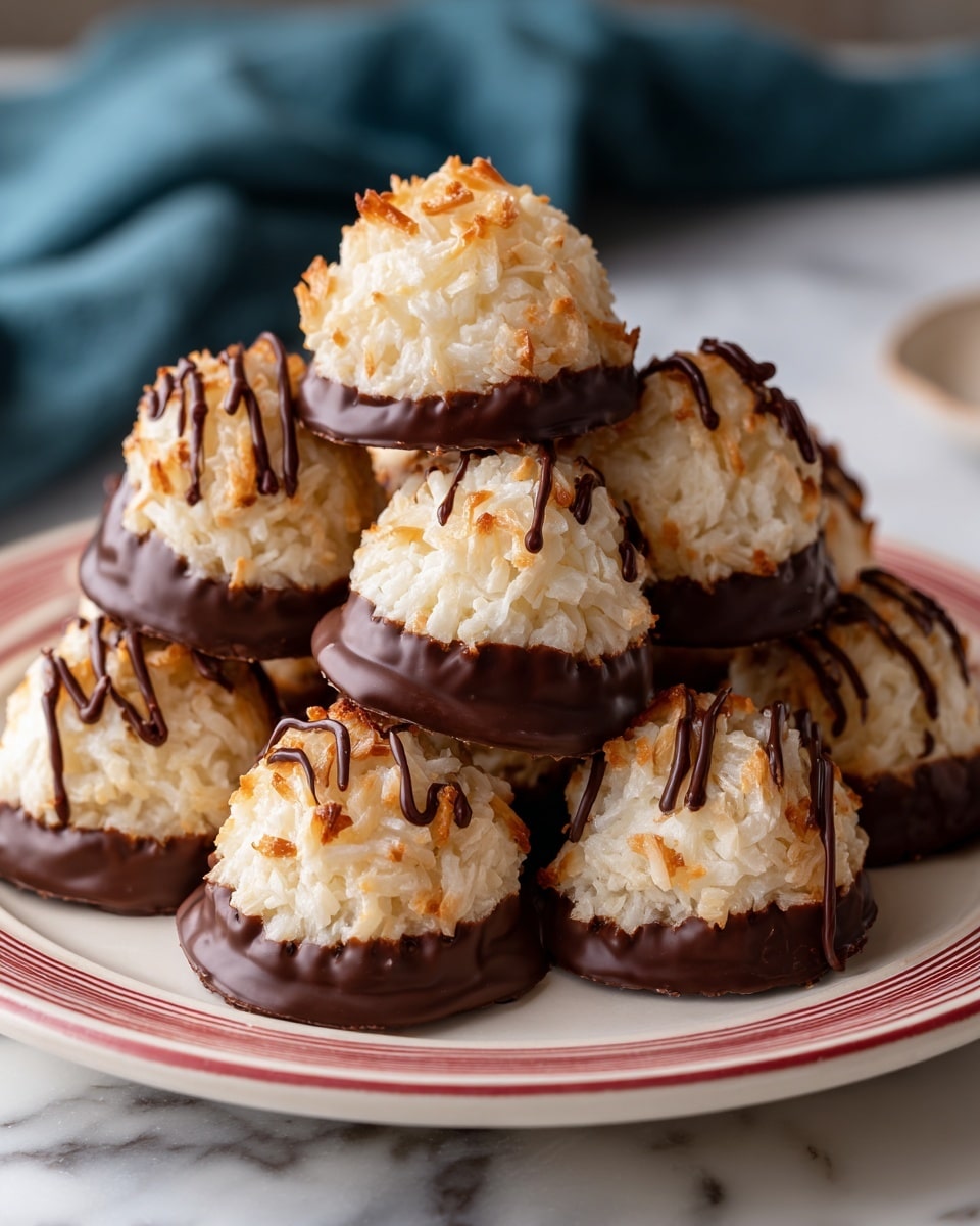 A close-up view of a pile of coconut cookies stacked on a white plate with a red edge. Each cookie has a round, dome shape with a bumpy, fluffy white coconut texture on top, and a thick dark chocolate layer covering the bottom half. Some cookies have thin dark chocolate stripes drizzled on the white coconut surface. The plate sits on a white marbled texture surface, and there is a blurred blue cloth in the background. The lighting is soft, highlighting the texture and color contrasts of the cookies. photo taken with an iphone --ar 4:5 --v 7