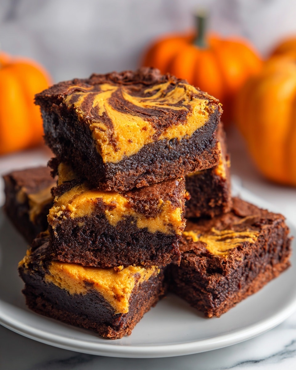 A close-up stack of six square brownies on a white plate, each brownie showing two distinct layers: a thick, dark brown chocolate layer with a slightly rough texture, and a creamy, bright orange pumpkin layer swirled with the chocolate creating marbled patterns on top. The brownies appear dense and moist, with some edges slightly crumbly. In the soft-focused background, there are small orange pumpkins adding a seasonal feel, all set against a white marbled surface. photo taken with an iphone --ar 4:5 --v 7