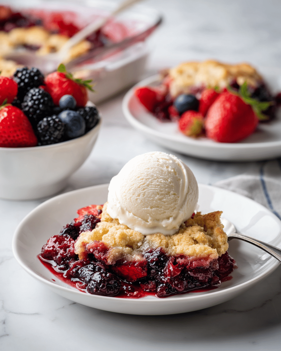 A white plate holds a berry cobbler with a crumbly, golden-brown top layer mixed with soft, dark purple and red berries underneath. A scoop of creamy, white ice cream sits on top, slightly melting onto the warm cobbler. In the background, there is another white plate with a similar cobbler and ice cream, along with a white bowl full of fresh mixed berries including red raspberries, blackberries, and blueberries. The whole scene is set on a white marbled surface. photo taken with an iphone --ar 4:5 --v 7