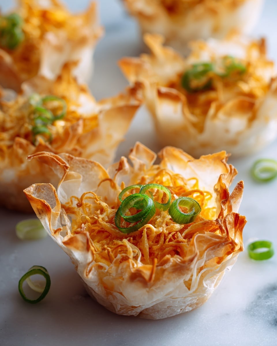 The image shows five small white phyllo pastry cups arranged on a white round plate sitting on a white marbled surface. Each pastry cup is filled with a creamy, light orange filling that looks soft and slightly chunky. Every filling is topped with small pieces of green sliced scallion for garnish. The phyllo cups have a light, flaky texture with ruffled edges that rise above the filling in an uneven, delicate way. In the background, there is a white tray holding cut carrots and celery sticks, softly blurred to keep focus on the phyllo cups. The lighting is bright and natural, highlighting the textures and colors clearly. photo taken with an iphone --ar 4:5 --v 7