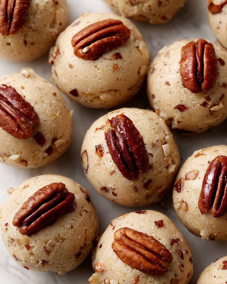 The image shows a stack of three light beige, chunky cookies filled with small brown pecan pieces, each topped with a single whole pecan half. The cookies have a rough, craggy texture and appear thick and soft. The stack sits on white parchment paper placed on a wooden board, with more cookies scattered around the base, some resting flat, showing their uneven tops with more whole pecans embedded. In the background, there are blurred white dishes and more cookies, all set on a white marbled surface. photo taken with an iphone --ar 4:5 --v 7