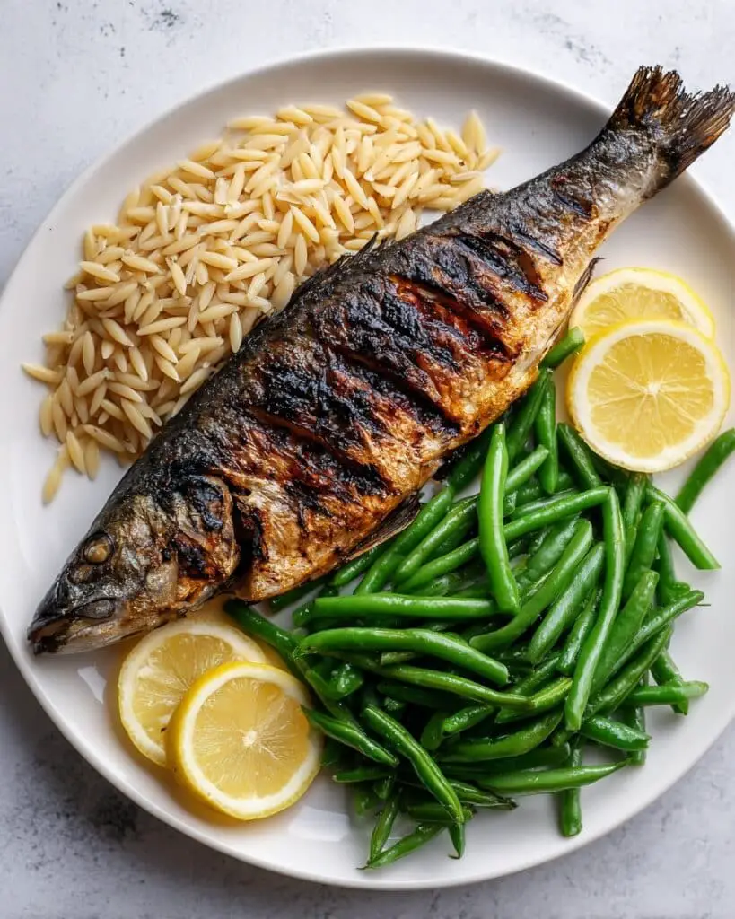 Whole Grilled Trout with Steamed Green Beans and Brown Butter Orzo Risotto Recipe