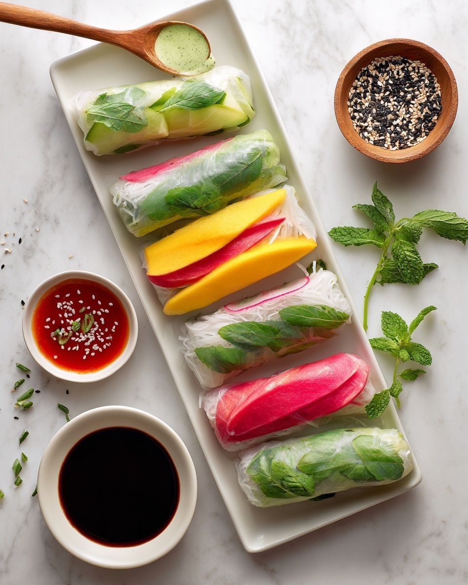 Five fresh spring rolls are arranged neatly in a row on a white oval plate. Each roll has thin, transparent rice paper wrapping colorful layers inside: slices of green cucumber, bright yellow and orange fruit pieces, pink radish slices, and fresh green basil and mint leaves. Small bowls with dipping sauces—one light creamy sauce with a wooden spoon, one dark soy-based sauce, and one red chili sauce—are placed around the plate on a white marbled surface. Fresh herb sprigs are scattered around the plate, adding a lively touch. Photo taken with an iphone --ar 4:5 --v 7