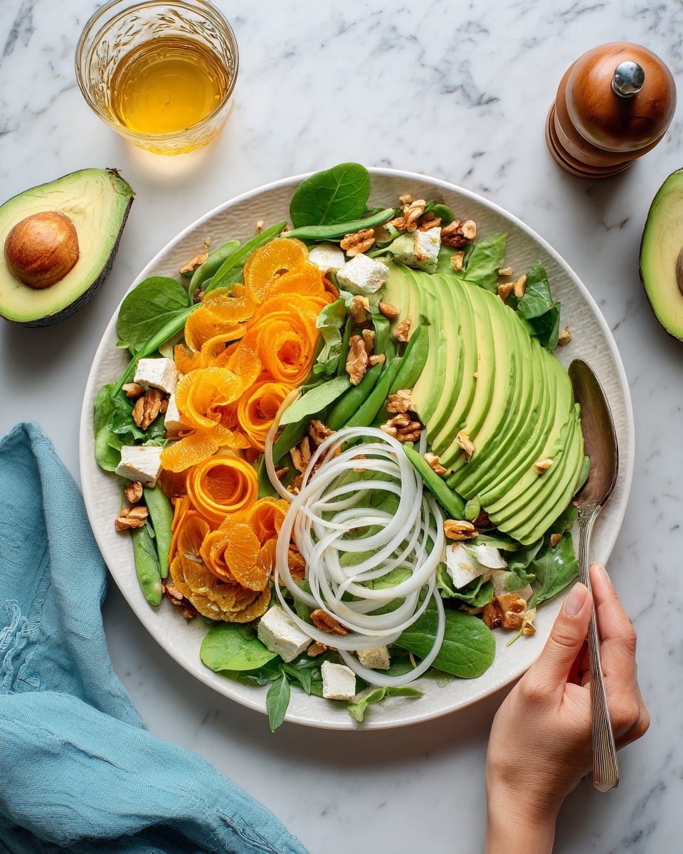 The dish is a fresh salad served on a white plate placed on white marbled surface. The bottom layer consists of bright green sugar snap peas and thin white onion rings scattered across the plate. Above this, there are slices of ripe avocado with light green and yellow tones, along with pieces of orange segments adding a pop of color. Fresh leafy greens, likely watercress, are spread generously on top, adding a deeper green shade and soft texture. Small white dollops of cheese are dotted around the salad, contrasting with the green leaves. A few crushed pistachios are sprinkled on top, adding a touch of brown and texture. A silver spoon is set on the side of the plate. In the background, half an avocado, a wooden pepper grinder, and a small glass bowl with a yellow dressing and spoon are visible, all placed on the white marbled surface. Photo taken with an iphone --ar 4:5 --v 7