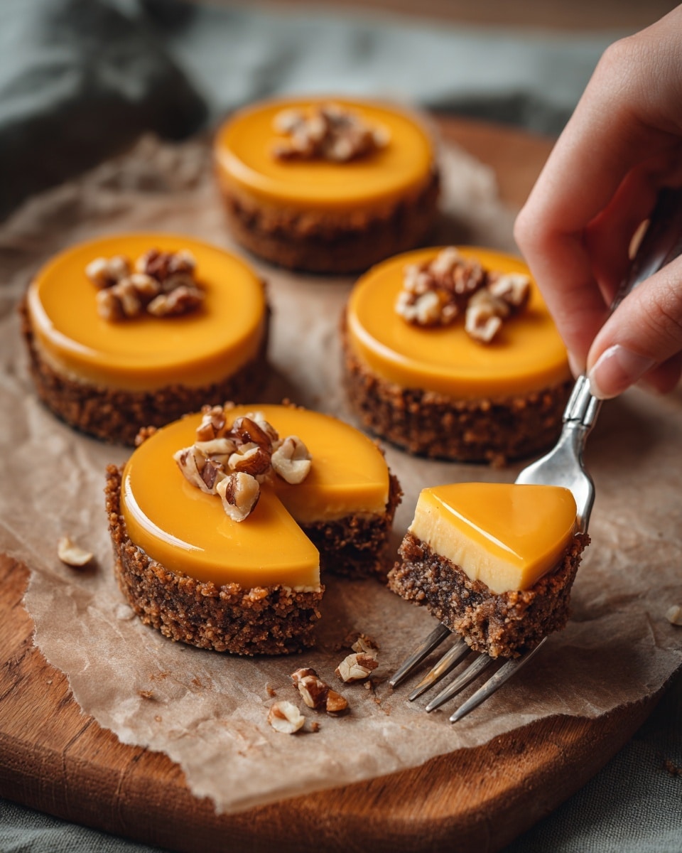 The image shows four small tart desserts placed on brown parchment paper over a white marbled surface. Each tart has three layers: a dark brown crumbly base, a thick light orange creamy middle, and a smooth shiny caramel-orange top layer, scattered with small chopped pecan nuts. One tart is partially eaten with a silver fork resting beside it, a woman's hand holding a small piece of the tart on the fork. The warm tones of the tarts contrast with the cool texture of the parchment and white marbled background. Photo taken with an iphone --ar 4:5 --v 7