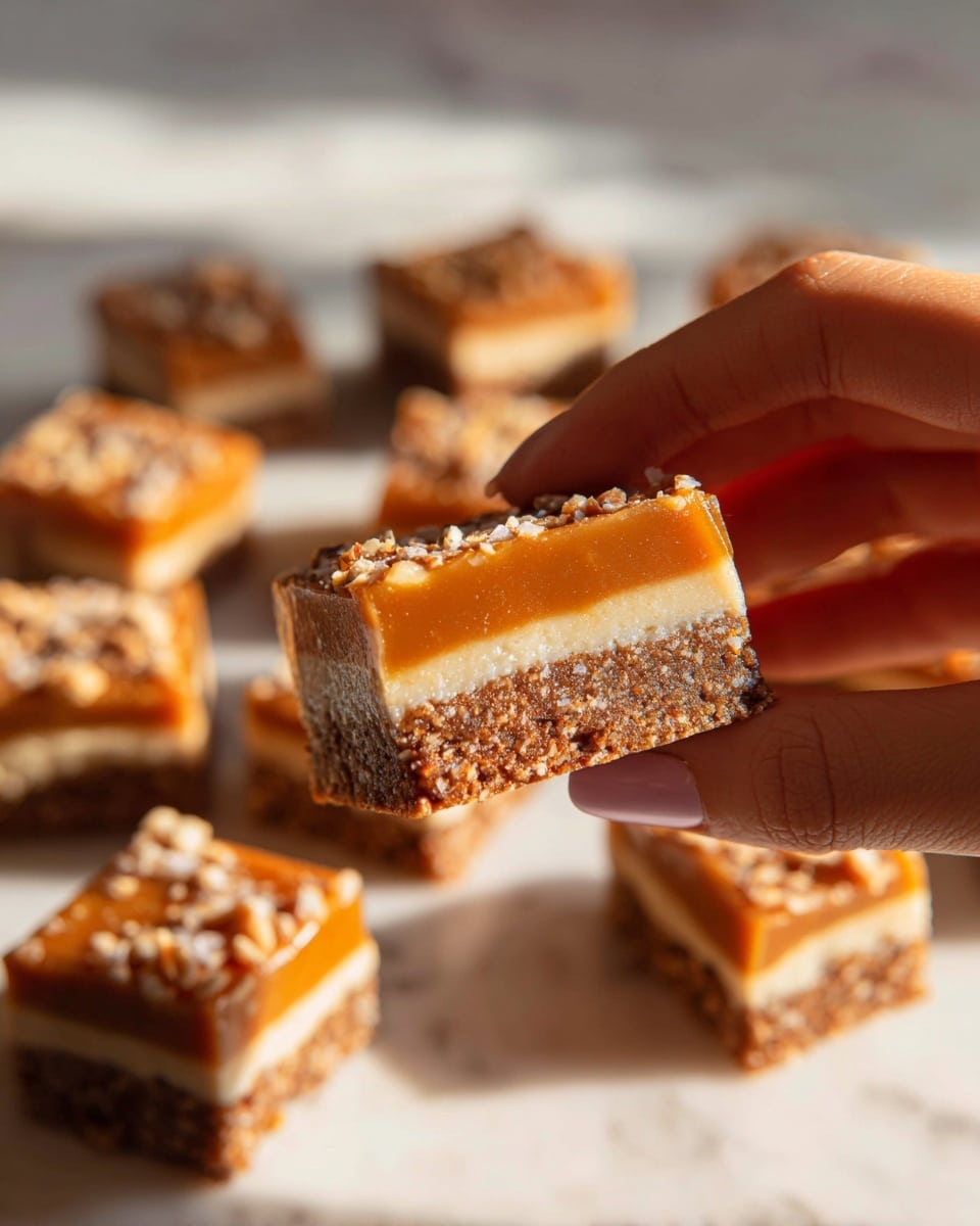 A close-up image shows a woman's hand holding a rectangular brown sandwich cookie with three distinct layers: a top and bottom layer of textured, patterned cookie, and a thick middle layer of smooth, creamy light brown filling. Several identical cookies are scattered on a white marbled surface in the background, slightly out of focus. The warm lighting highlights the cookie’s crunchy texture and smooth filling. Photo taken with an iphone --ar 4:5 --v 7