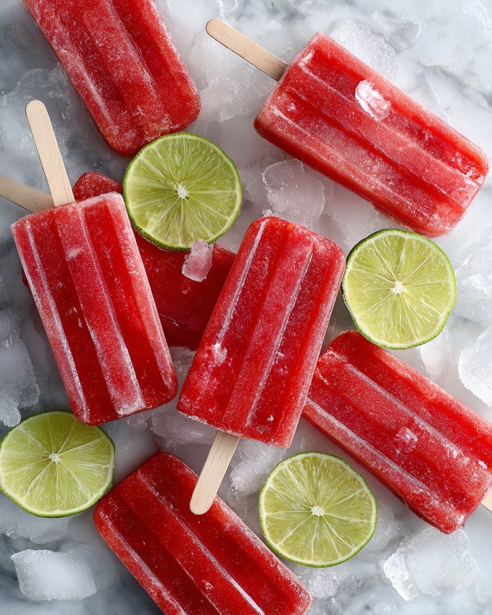 The image shows many red popsicles with a smooth, slightly frosty texture, each with a light wooden stick at the bottom. They are scattered on crushed ice with transparent, jagged ice pieces. Among the popsicles, there are bright green lime wedges with a shiny surface and textured rind placed on and around the popsicles. The whole scene rests on a white marbled surface, giving a fresh and cool feeling. Photo taken with an iphone --ar 4:5 --v 7