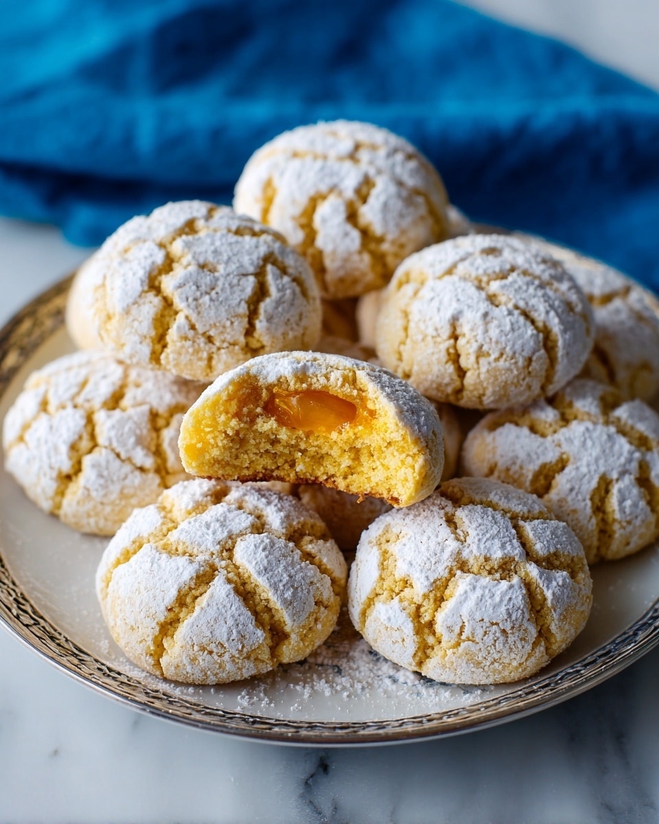 A round silver tray holds eight light golden brown cookies with an intricate floral pattern pressed into the top layer. Each cookie has a dusting of fine white powdered sugar that lightly covers the surface. One cookie is broken in half, showing two layers: the top and bottom layers are a textured, softer cookie dough with a pale yellow color, while the middle layer is a rich, dark orange filling that looks smooth and thick. The tray sits on a white marbled textured surface with some cookie crumbs scattered around. photo taken with an iphone --ar 4:5 --v 7
