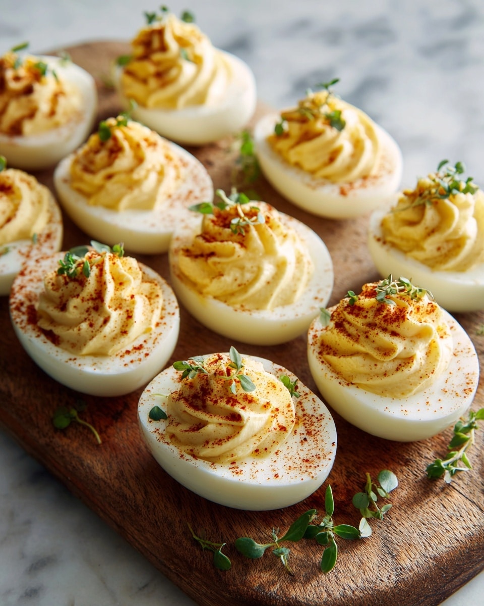 The image shows several white egg halves arranged on a wood surface, each filled with a smooth, creamy pale yellow mixture that is piped in a circular swirl pattern. The mixed filling is dusted lightly with a layer of reddish-brown spice, and small green herb leaves are scattered on top and around the eggs. The eggs are placed close to each other but not crowded, and the wood texture underneath adds a rustic feel. photo taken with an iphone --ar 4:5 --v 7